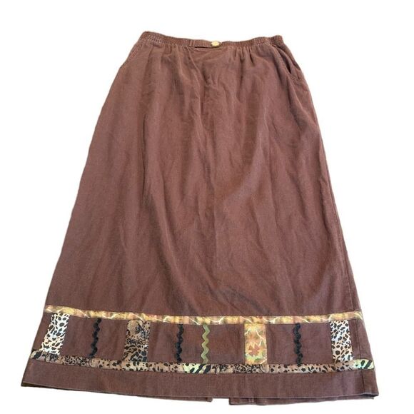 Stonebridge Brown Linen MIDI Skirt Ric Rac Animal Print Teacher XL - Picture 2 of 8